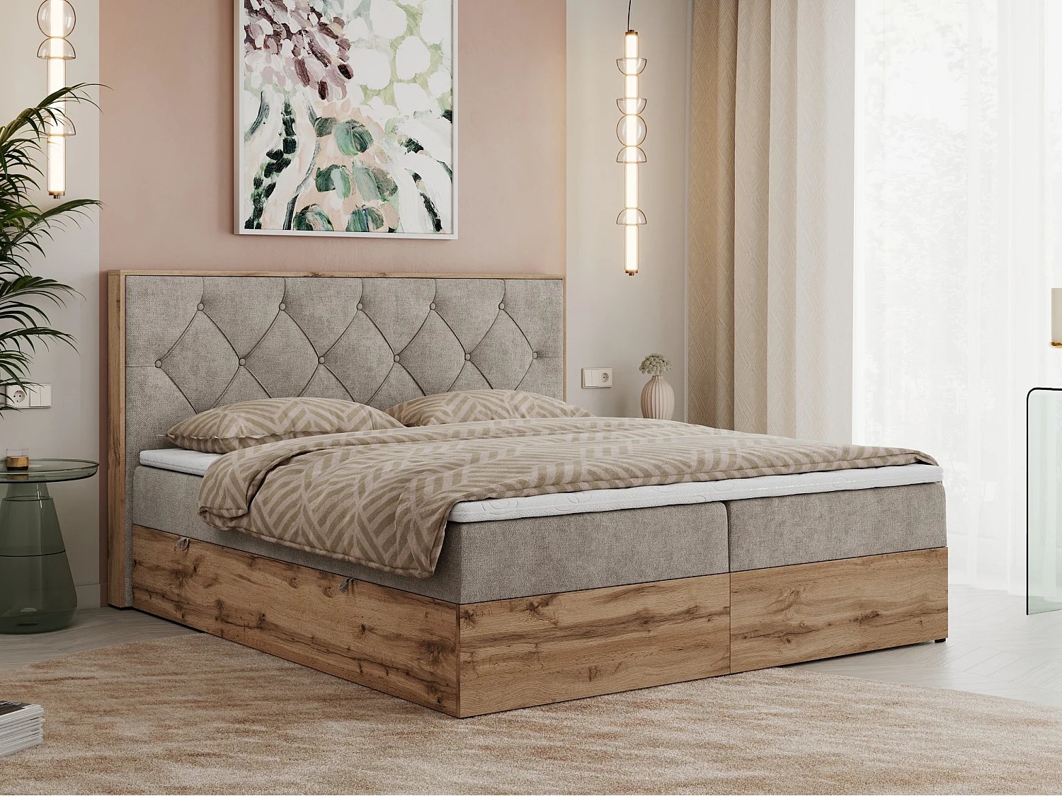Boxspringbett VENETO - gestepptem Kopfteil, Set mit Multipocket-Matratze und Topper, Holzrahmen, zwei Bettkästen - 180x200 cm - H3 - Beige Strukture