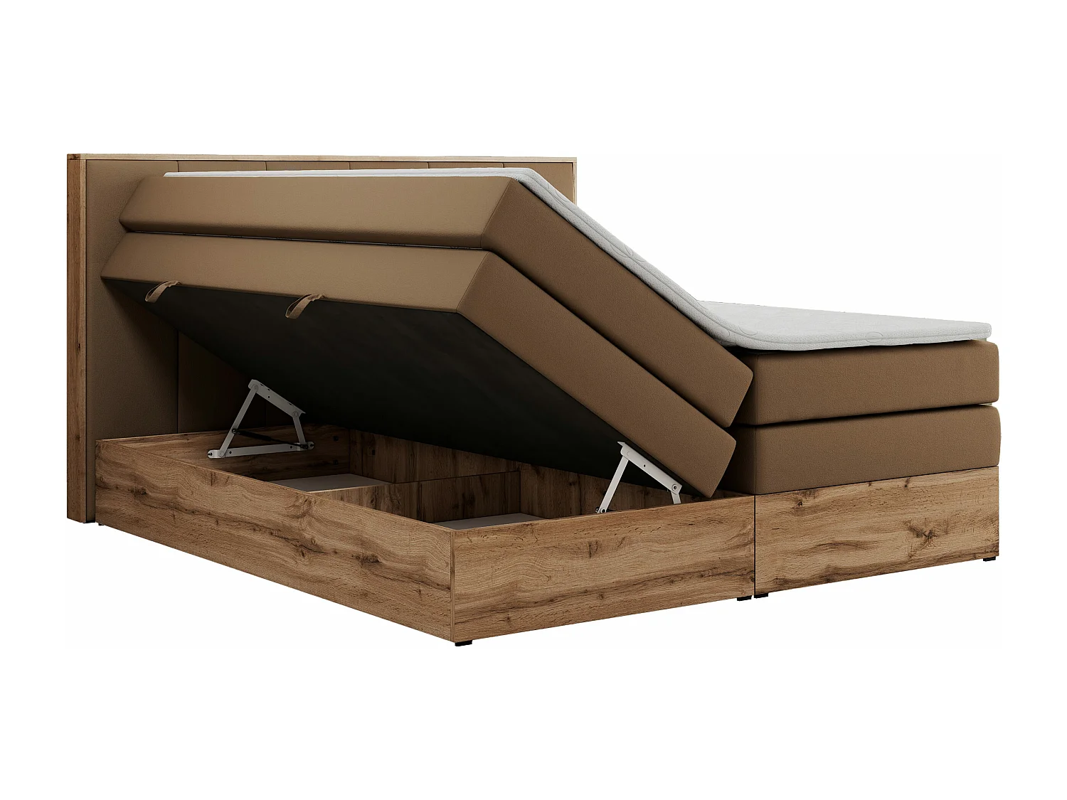 Boxspringbett ALBERO 1 KING - zwei 7 Härtezonen Multipocket-Matratzen, Doppelbett mit Stauraum, Eiche Wotan Holzrahmen - 120x200 cm - H4 - Braun Kunstleder