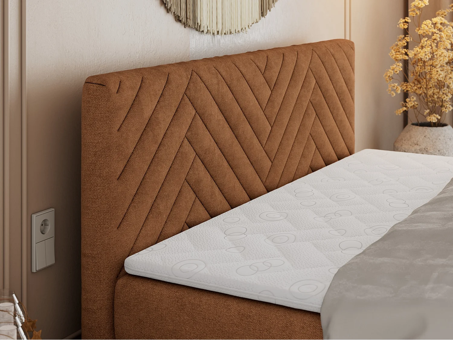 Boxspringbett PARIS KING DUO - dekorative Kopfstütze und Front, zwei Multipocket-Matratze mit Topper - 200x200 cm - H4 - Orange Strukture