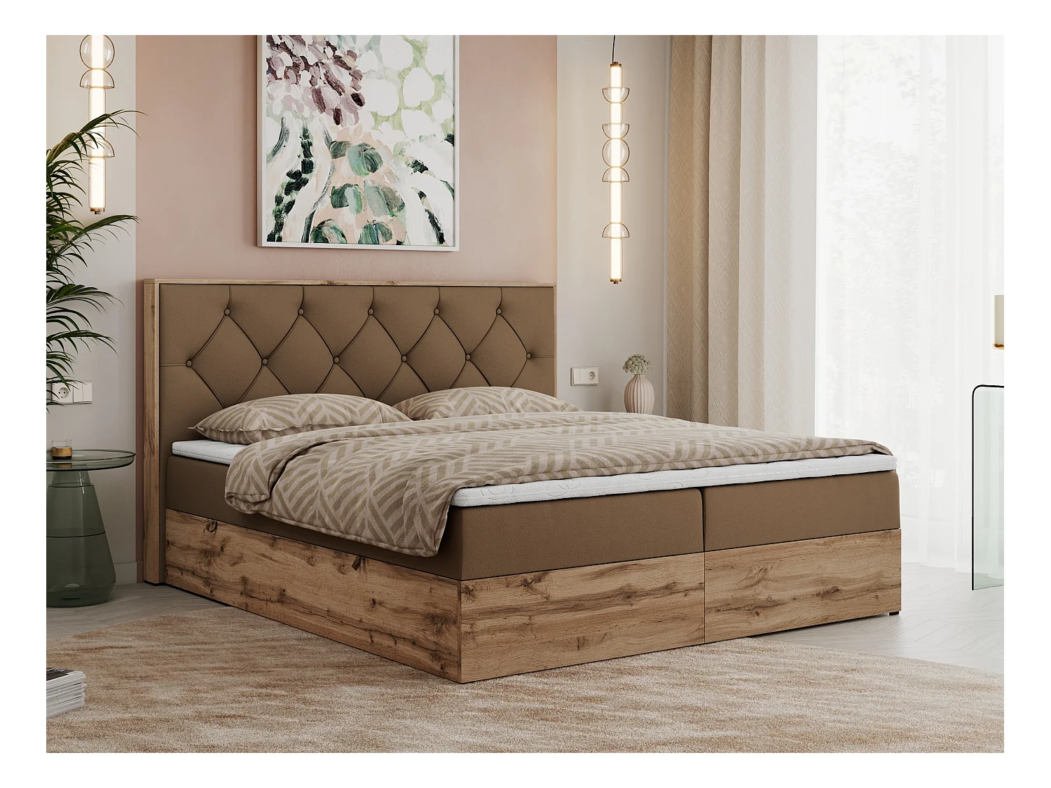 Boxspringbett VENETO - gestepptem Kopfteil, Set mit Multipocket-Matratze und Topper, Holzrahmen, zwei Bettkästen - 140x200 cm - H3 - Braun Kunstleder