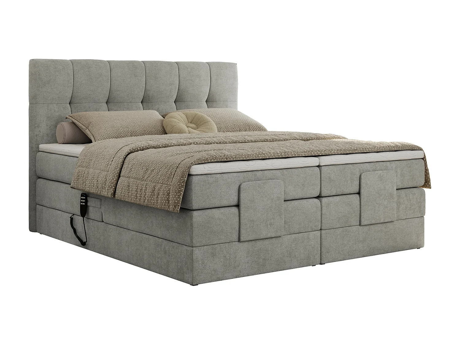 Boxspringbett VITTORIA - mit gestepptem Kopfteil, elektrischem Untergestell, Multipocket-Matratze - 140x200 cm - H3 - Hellgrau Strukture