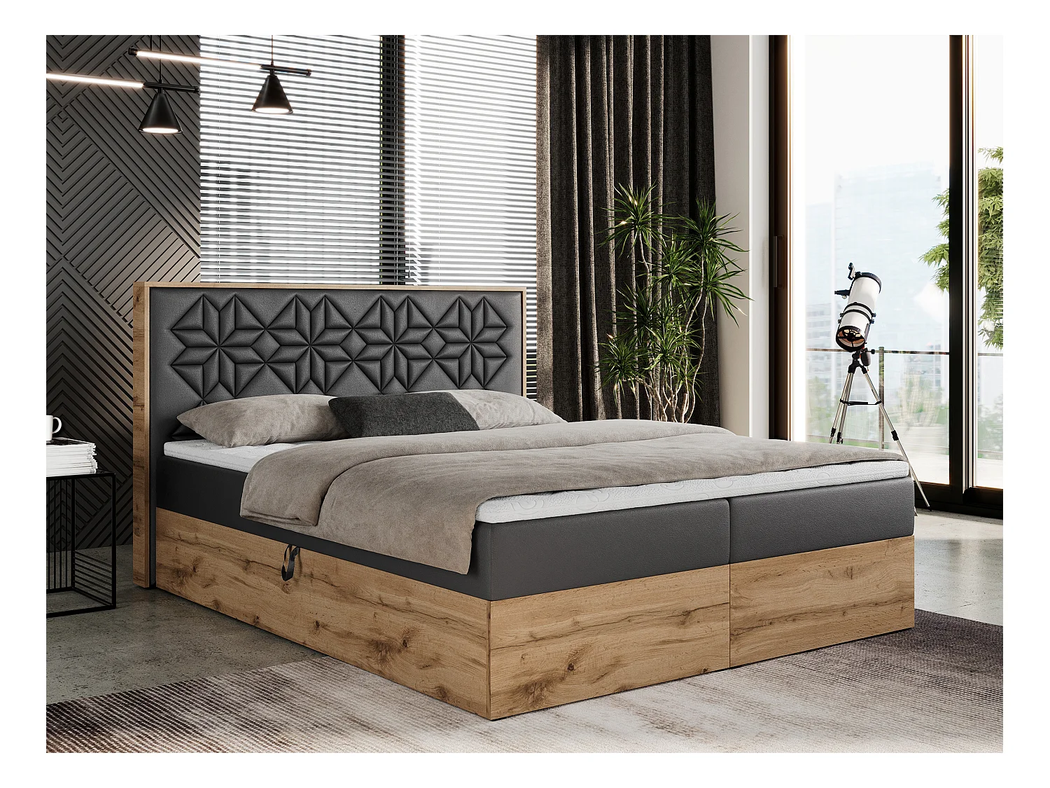 Boxspringbett NESSI - mit hoher Kopfstütze, Multipocket-Matratze und Topper, Doppelbett mit Bettkästen - 140x200 cm - H3 - Dunkelgrau Kunstleder