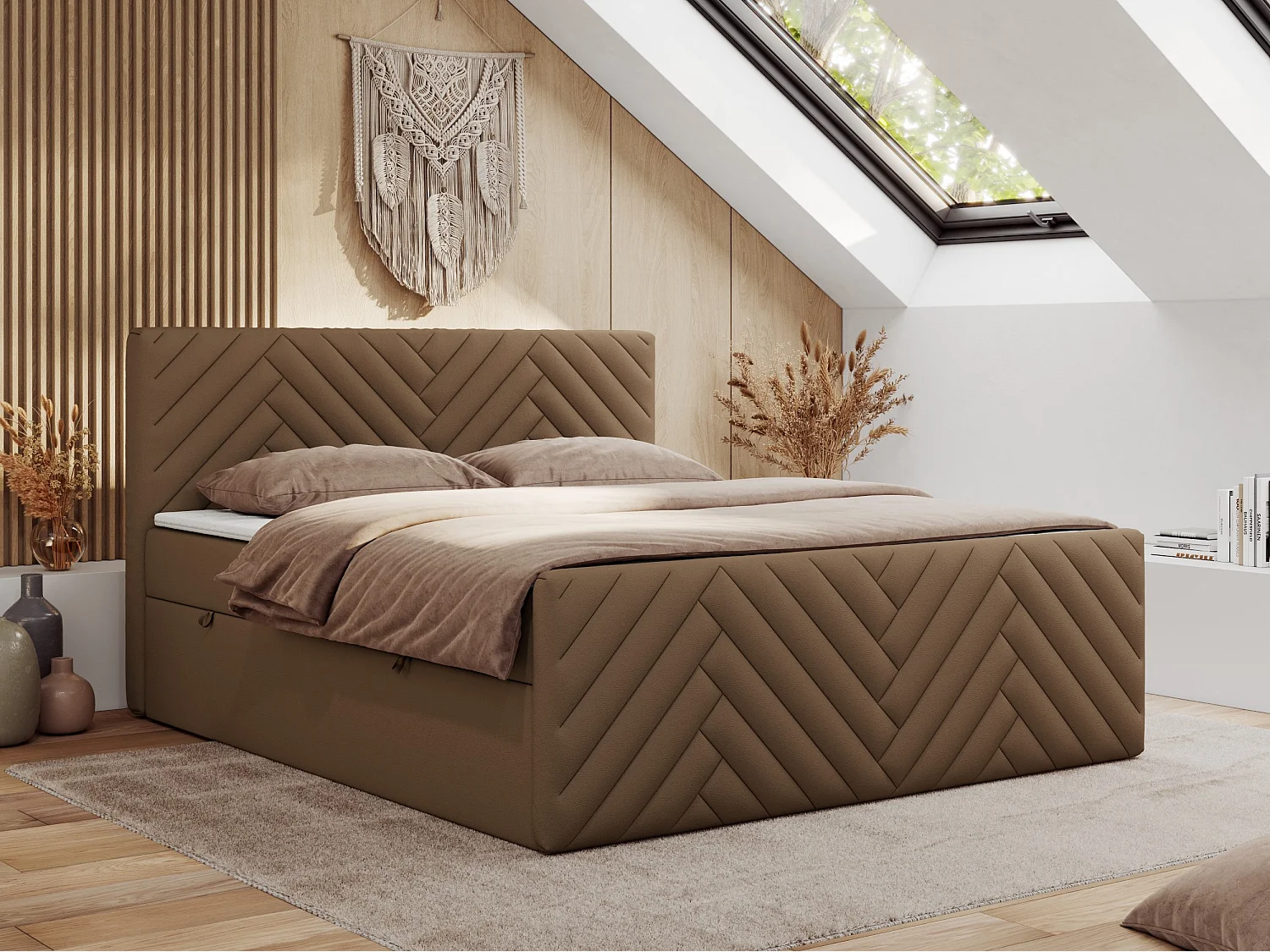 Boxspringbett PARIS DUO - Polsterbett mit genähtem Kopfteil und Frontplatte, Doppelbett, zwei Bettkästen - 120x200 cm - H4 - Braun Kunstleder