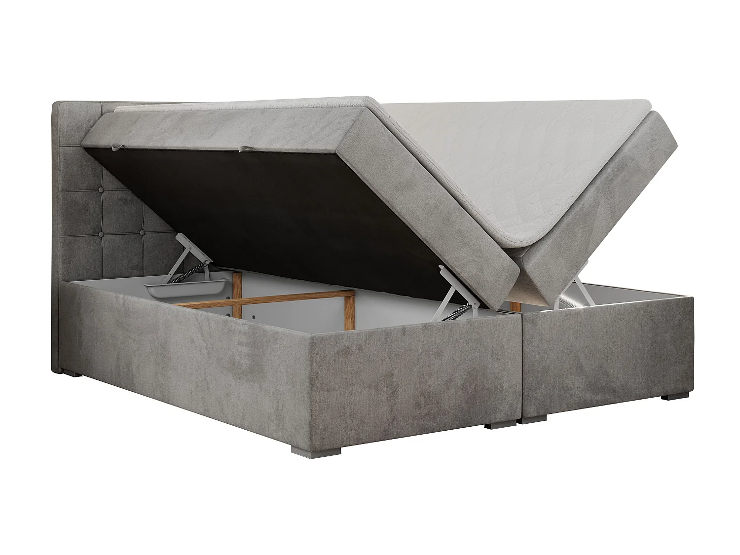 Boxspringbett CARMEN - Polsterbett mit zwei Bettkästen, gesteppte Kopfstütze, Multipocket-Matratze - 180x200 cm - H4 - Hellgrau Velvet