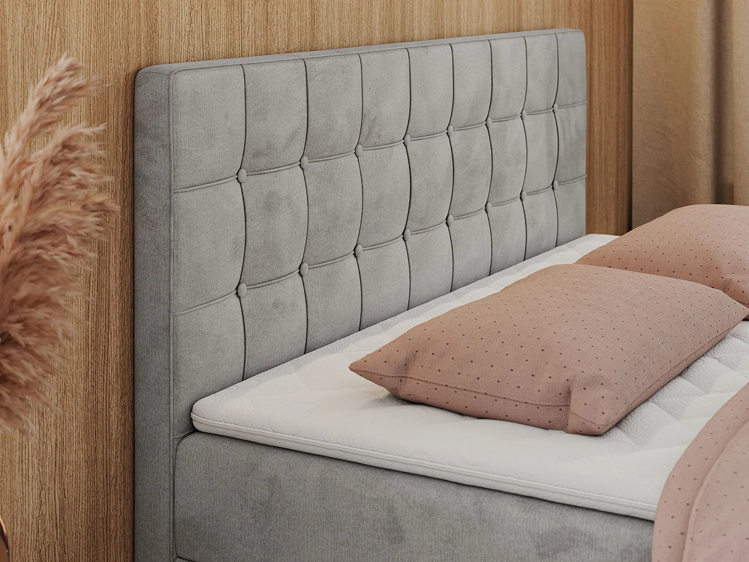 Boxspringbett CARMEN - Polsterbett mit zwei Bettkästen, gesteppte Kopfstütze, Multipocket-Matratze - 180x200 cm - H4 - Hellgrau Velvet