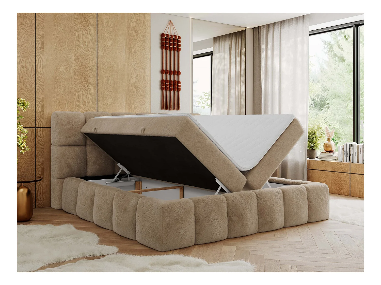 Boxspringbett NIRA - dekorativ kopfteil, Bettkästen und Multipocket-Matratze, Doppelbett für Schlafzimmer - 160x200 cm - H4 - Beige Plüsch