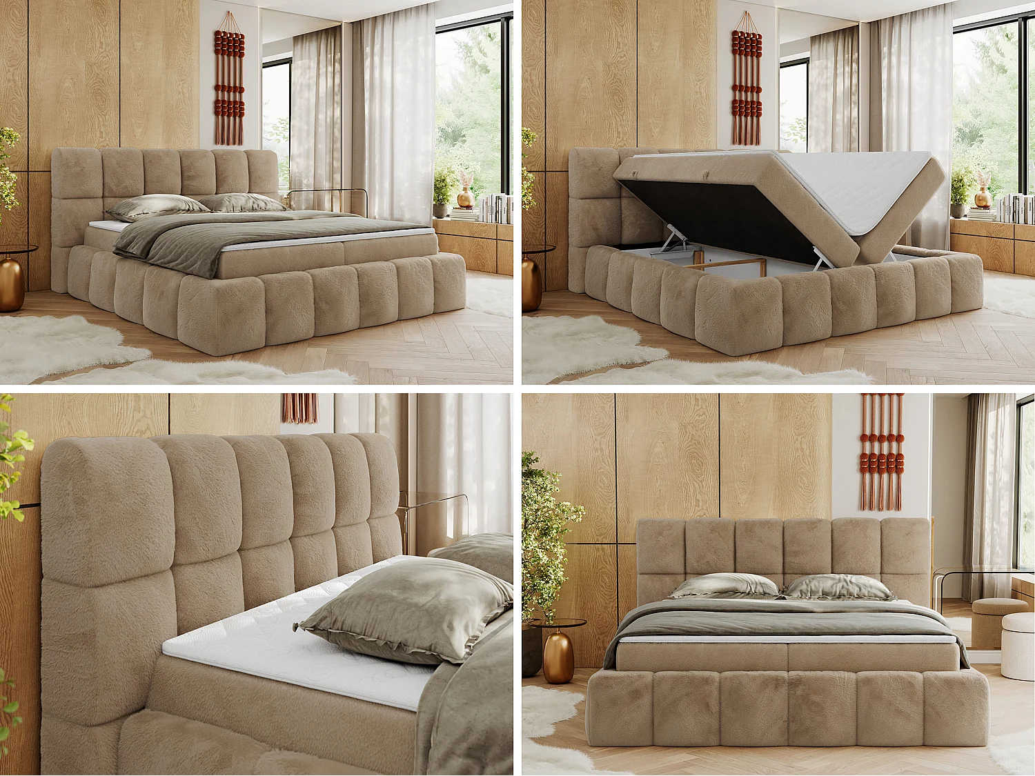 Boxspringbett NIRA - dekorativ kopfteil, Bettkästen und Multipocket-Matratze, Doppelbett für Schlafzimmer - 160x200 cm - H4 - Beige Plüsch