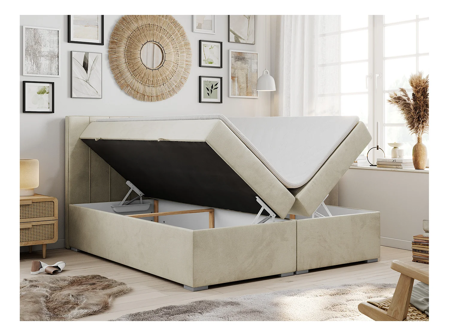 Boxspringbett ALLY - gestreiftes, genähtes Kopfteil, zwei Bettkästen, Multipocket-Matratzen, Praktisch Polsterbett - 180x200 cm - H4 - Beige Velvet