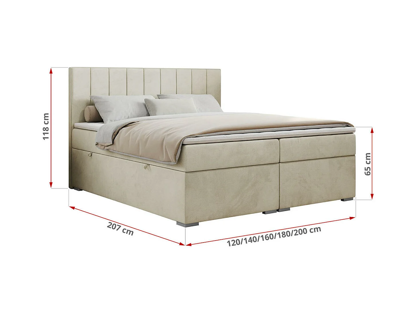 Boxspringbett ALLY - gestreiftes, genähtes Kopfteil, zwei Bettkästen, Multipocket-Matratzen, Praktisch Polsterbett - 180x200 cm - H4 - Beige Velvet
