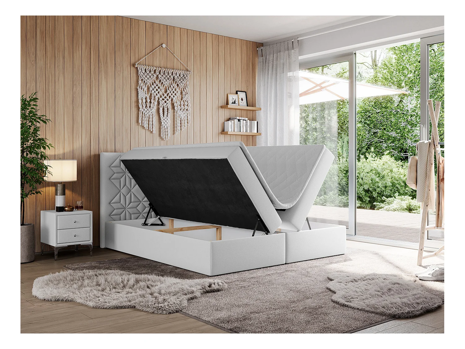 Boxspringbett LEILA - gestepptes Kopfteil,  7 Härtezonen Multipocket-Matratzen, Doppelbett mit Bettkästen - 140x200 cm - H3 - Weiß Kunstleder