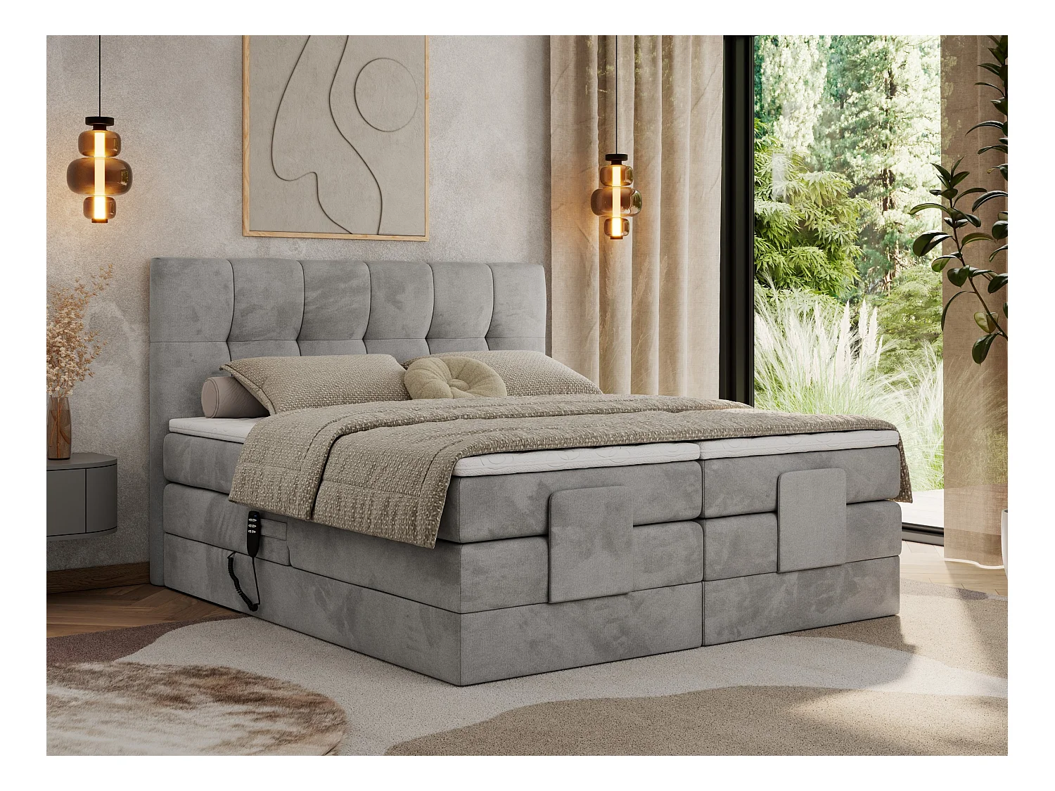 Boxspringbett VITTORIA - mit gestepptem Kopfteil, elektrischem Untergestell, Multipocket-Matratze - 160x200 cm - H3 - Hellgrau Velvet