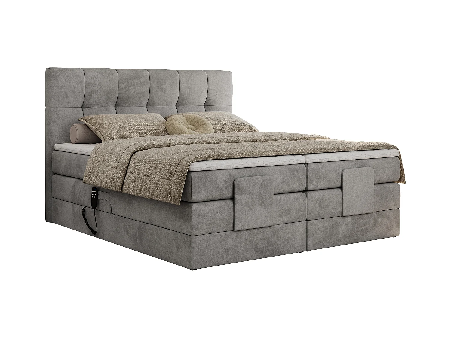 Boxspringbett VITTORIA - mit gestepptem Kopfteil, elektrischem Untergestell, Multipocket-Matratze - 160x200 cm - H3 - Hellgrau Velvet