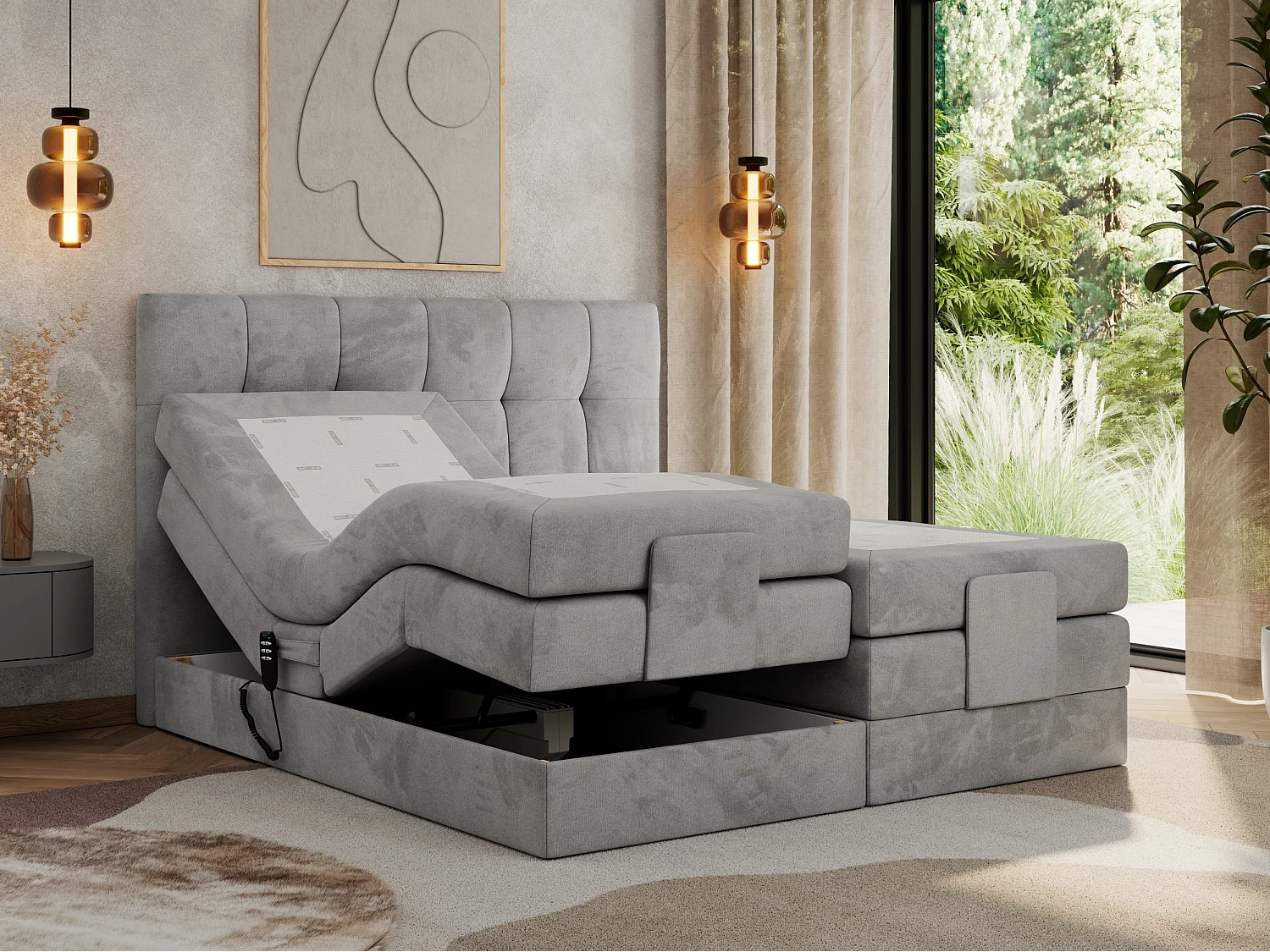 Boxspringbett VITTORIA - mit gestepptem Kopfteil, elektrischem Untergestell, Multipocket-Matratze - 160x200 cm - H3 - Hellgrau Velvet