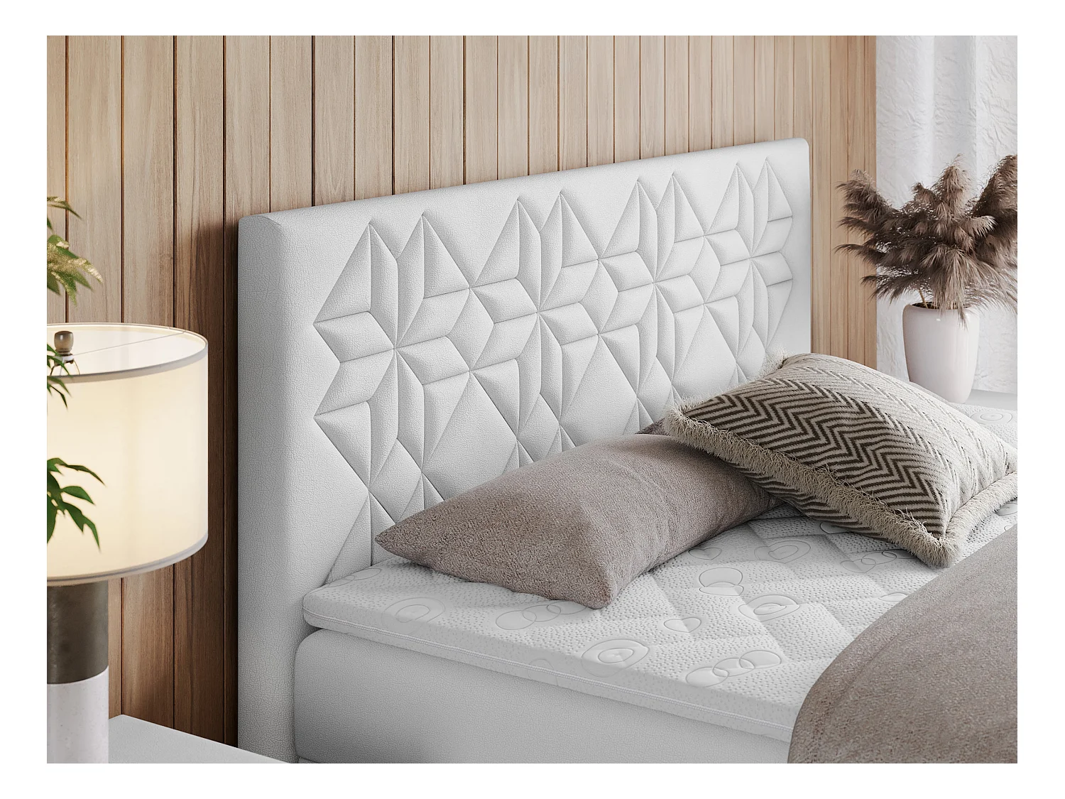 Boxspringbett LEILA - gestepptes Kopfteil,  7 Härtezonen Multipocket-Matratzen, Doppelbett mit Bettkästen - 120x200 cm - H4 - Weiß Kunstleder