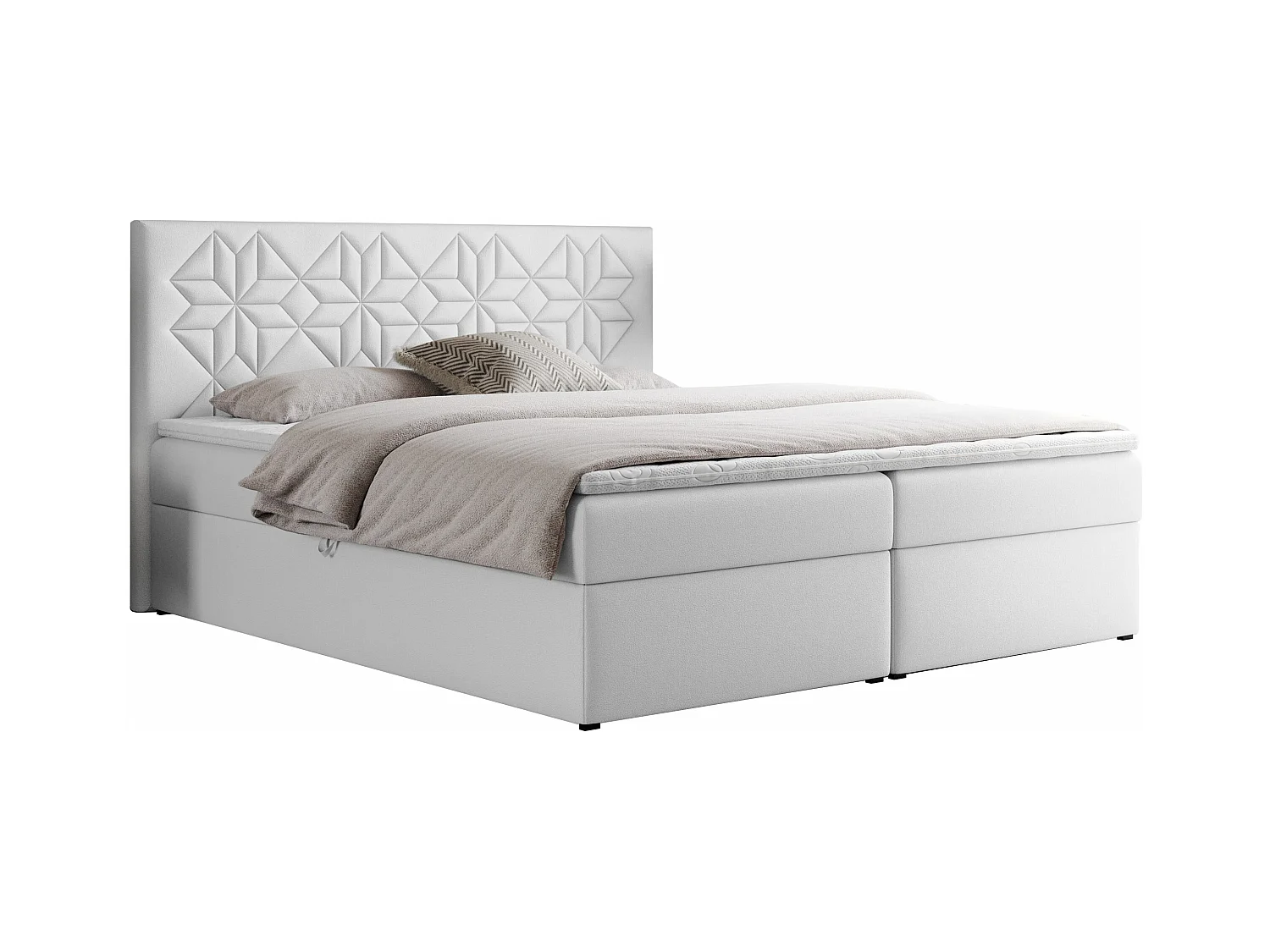 Boxspringbett LEILA - gestepptes Kopfteil,  7 Härtezonen Multipocket-Matratzen, Doppelbett mit Bettkästen - 120x200 cm - H4 - Weiß Kunstleder