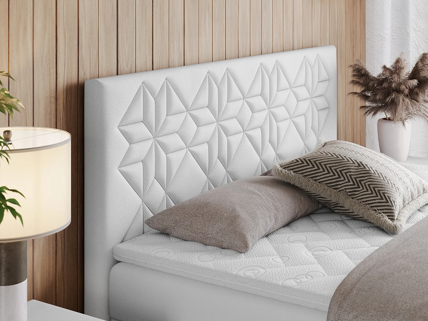 Boxspringbett LEILA - gestepptes Kopfteil,  7 Härtezonen Multipocket-Matratzen, Doppelbett mit Bettkästen - 120x200 cm - H4 - Weiß Kunstleder