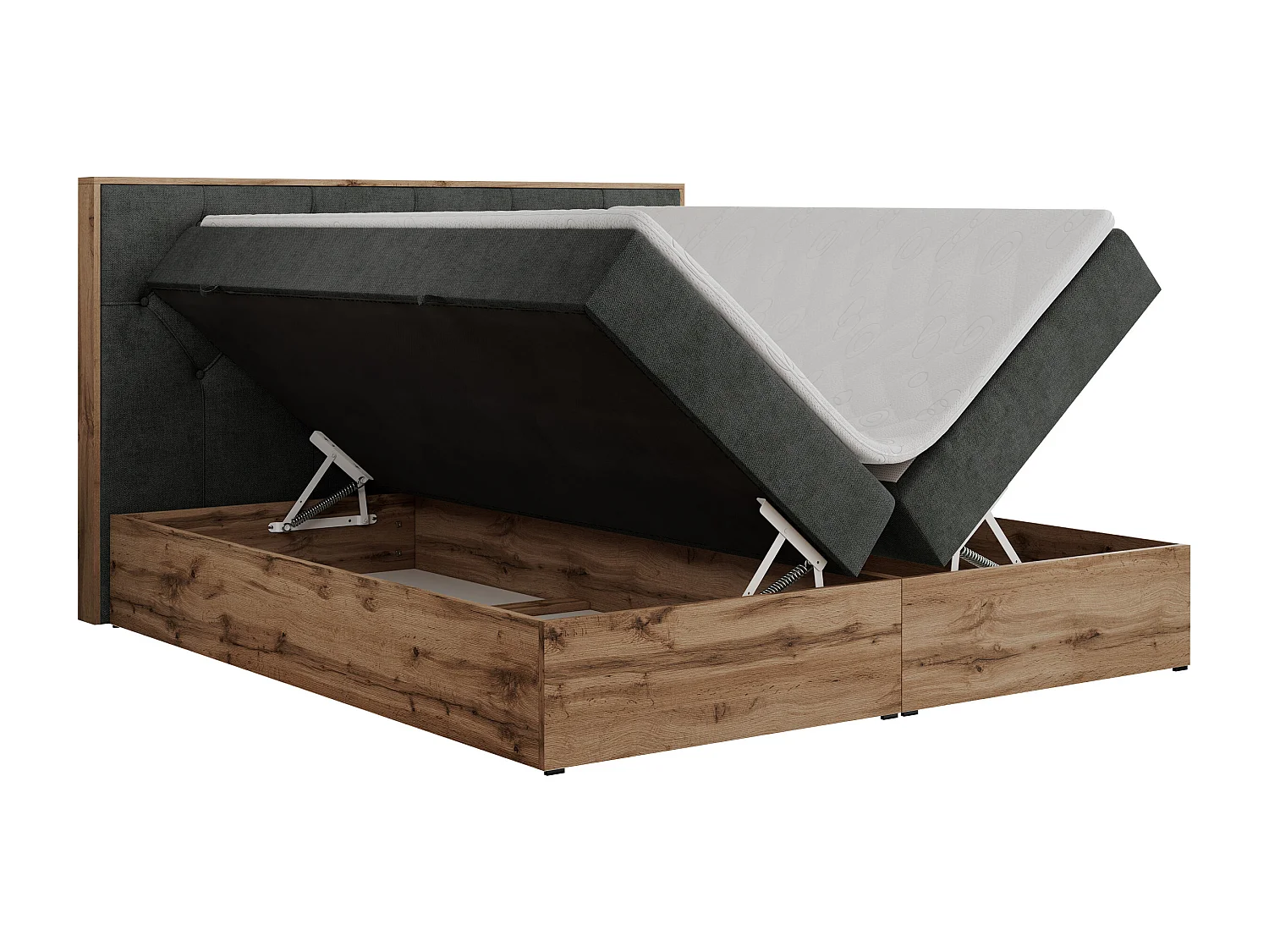 Boxspringbett VENETO - gestepptem Kopfteil, Set mit Multipocket-Matratze und Topper, Holzrahmen, zwei Bettkästen - 140x200 cm - H3 - Dunkelgrau Strukture