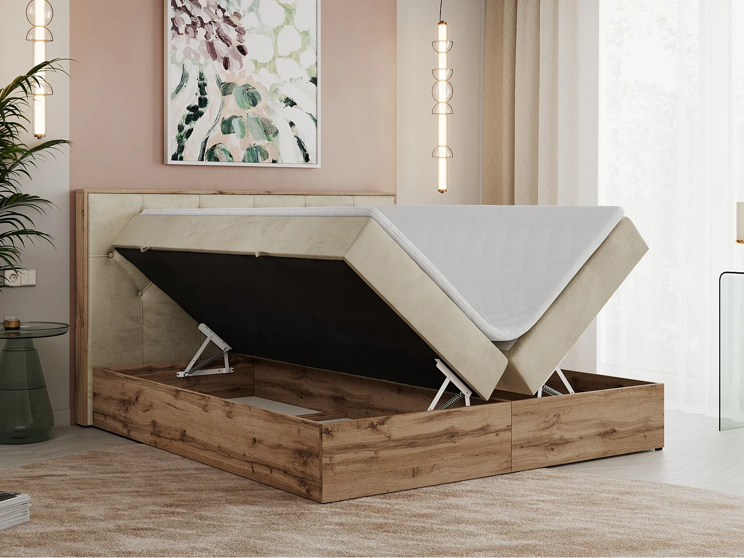 Boxspringbett VENETO - gestepptem Kopfteil, Set mit Multipocket-Matratze und Topper, Holzrahmen, zwei Bettkästen - 160x200 cm - H3 - Beige Velvet