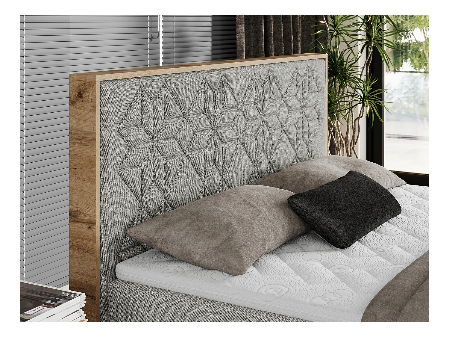 Boxspringbett NESSI - mit hoher Kopfstütze, Multipocket-Matratze und Topper, Doppelbett mit Bettkästen - 160x200 cm - H4 - Hellgrau Strukture