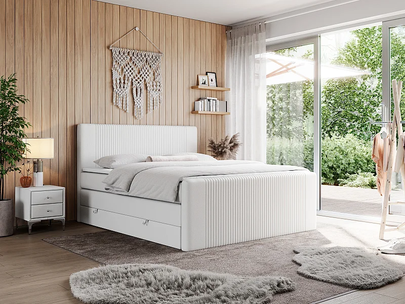 Boxspringbett DOREN KING - mit gesteppter Front und Kopfteil, zwei Multipocket-Matratzen und Topper, Doppelbett - 120x200 cm - H4 - Weiß Kunstleder