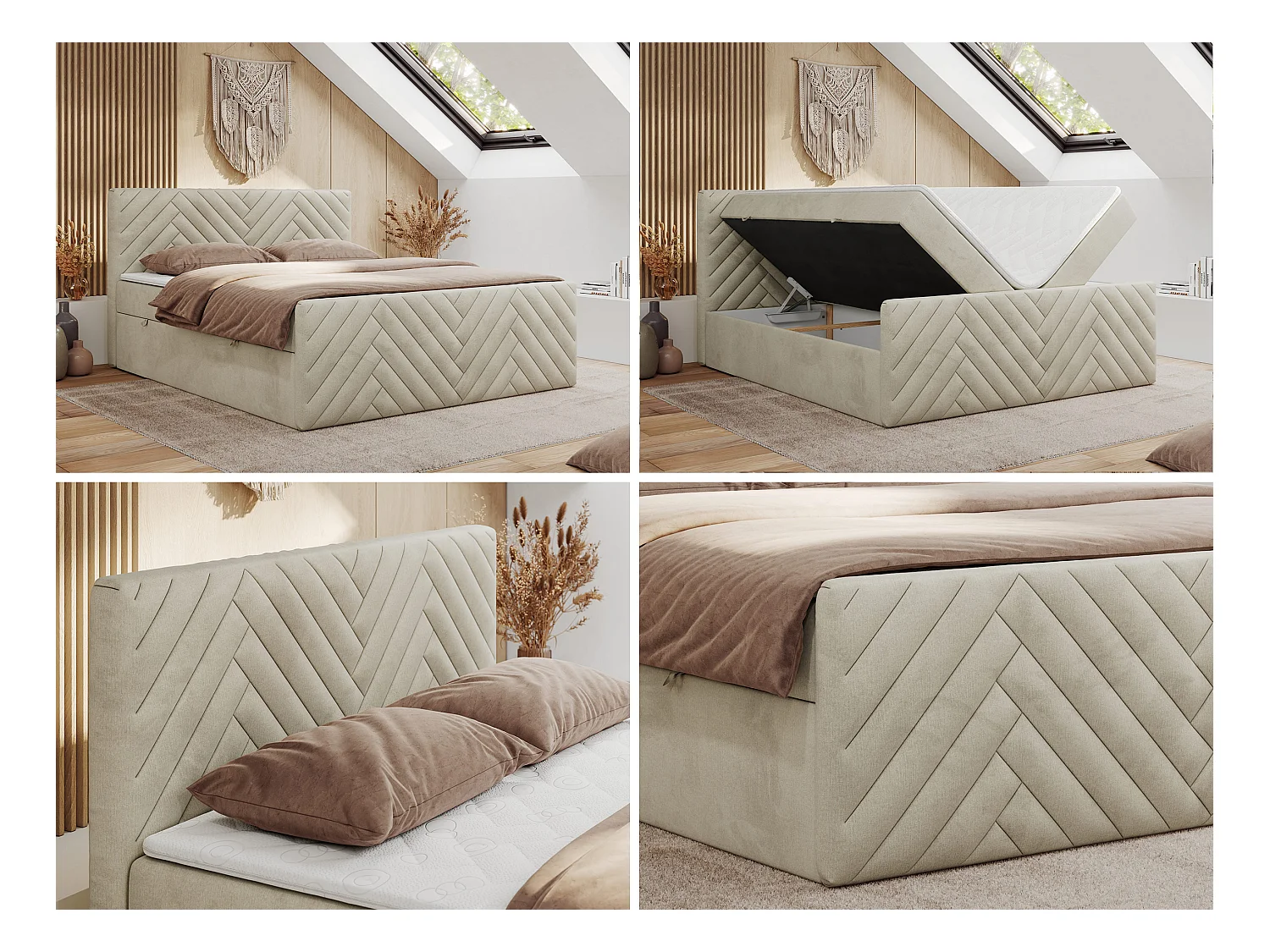 Boxspringbett PARIS DUO - Polsterbett mit genähtem Kopfteil und Frontplatte, Doppelbett, zwei Bettkästen - 160x200 cm - H3 - Beige Velvet