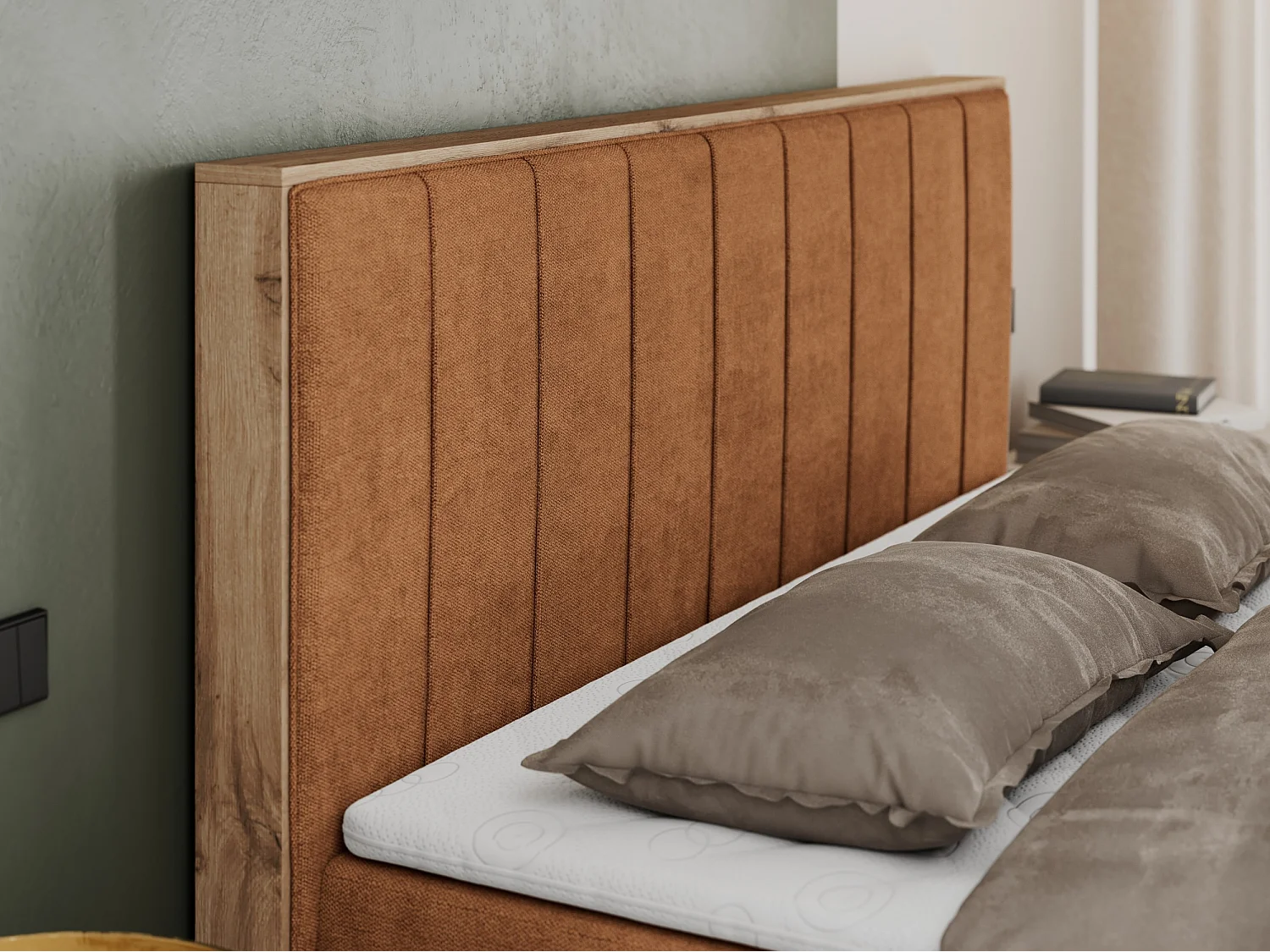 Boxspringbett BELLISSIMO - mit gestepptem Kopfteil, Polsterbett mit zwei Bettkästen, Multipocket-Matratze - 160x200 cm - H3 - Orange Strukture