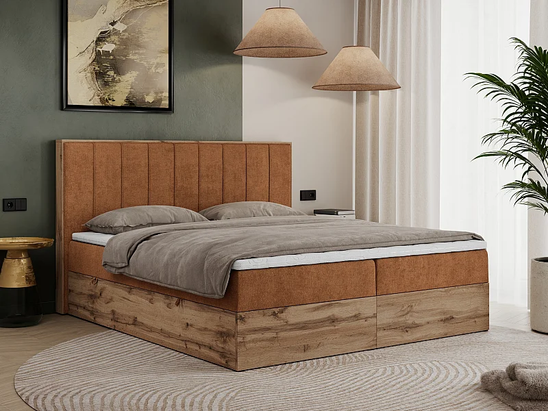 Boxspringbett BELLISSIMO - mit gestepptem Kopfteil, Polsterbett mit zwei Bettkästen, Multipocket-Matratze - 160x200 cm - H3 - Orange Strukture