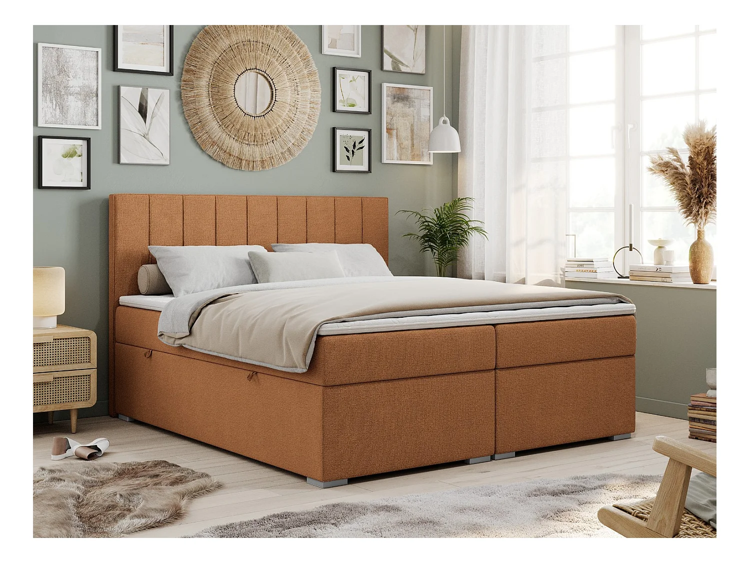 Boxspringbett ALLY - gestreiftes, genähtes Kopfteil, zwei Bettkästen, Multipocket-Matratzen, Praktisch Polsterbett - 160x200 cm - H3 - Orange Strukture