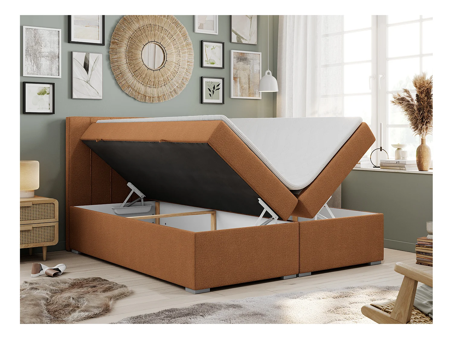 Boxspringbett ALLY - gestreiftes, genähtes Kopfteil, zwei Bettkästen, Multipocket-Matratzen, Praktisch Polsterbett - 160x200 cm - H3 - Orange Strukture