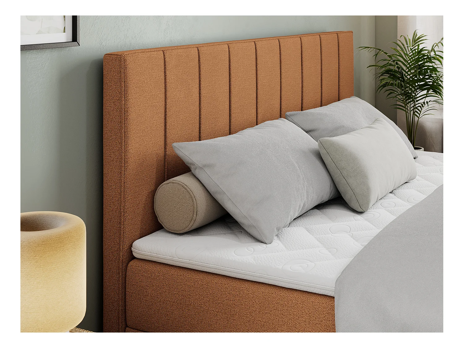 Boxspringbett ALLY - gestreiftes, genähtes Kopfteil, zwei Bettkästen, Multipocket-Matratzen, Praktisch Polsterbett - 160x200 cm - H3 - Orange Strukture