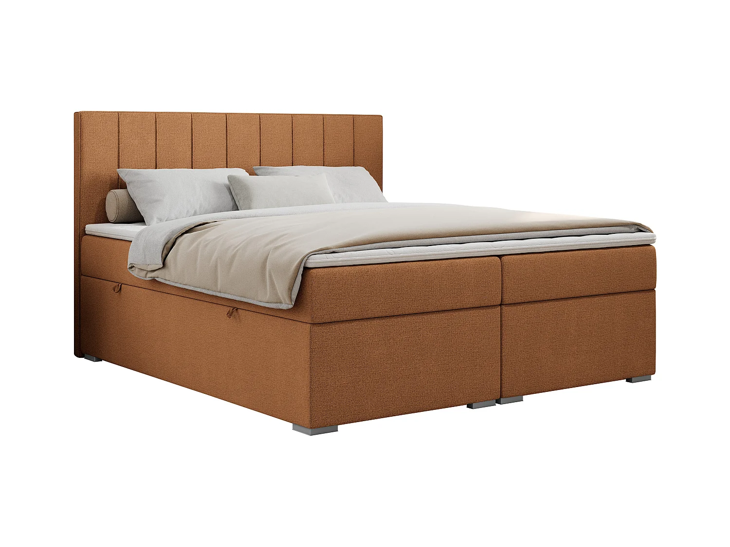 Boxspringbett ALLY - gestreiftes, genähtes Kopfteil, zwei Bettkästen, Multipocket-Matratzen, Praktisch Polsterbett - 160x200 cm - H3 - Orange Strukture