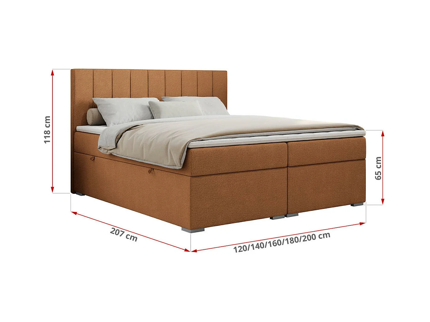 Boxspringbett ALLY - gestreiftes, genähtes Kopfteil, zwei Bettkästen, Multipocket-Matratzen, Praktisch Polsterbett - 160x200 cm - H3 - Orange Strukture