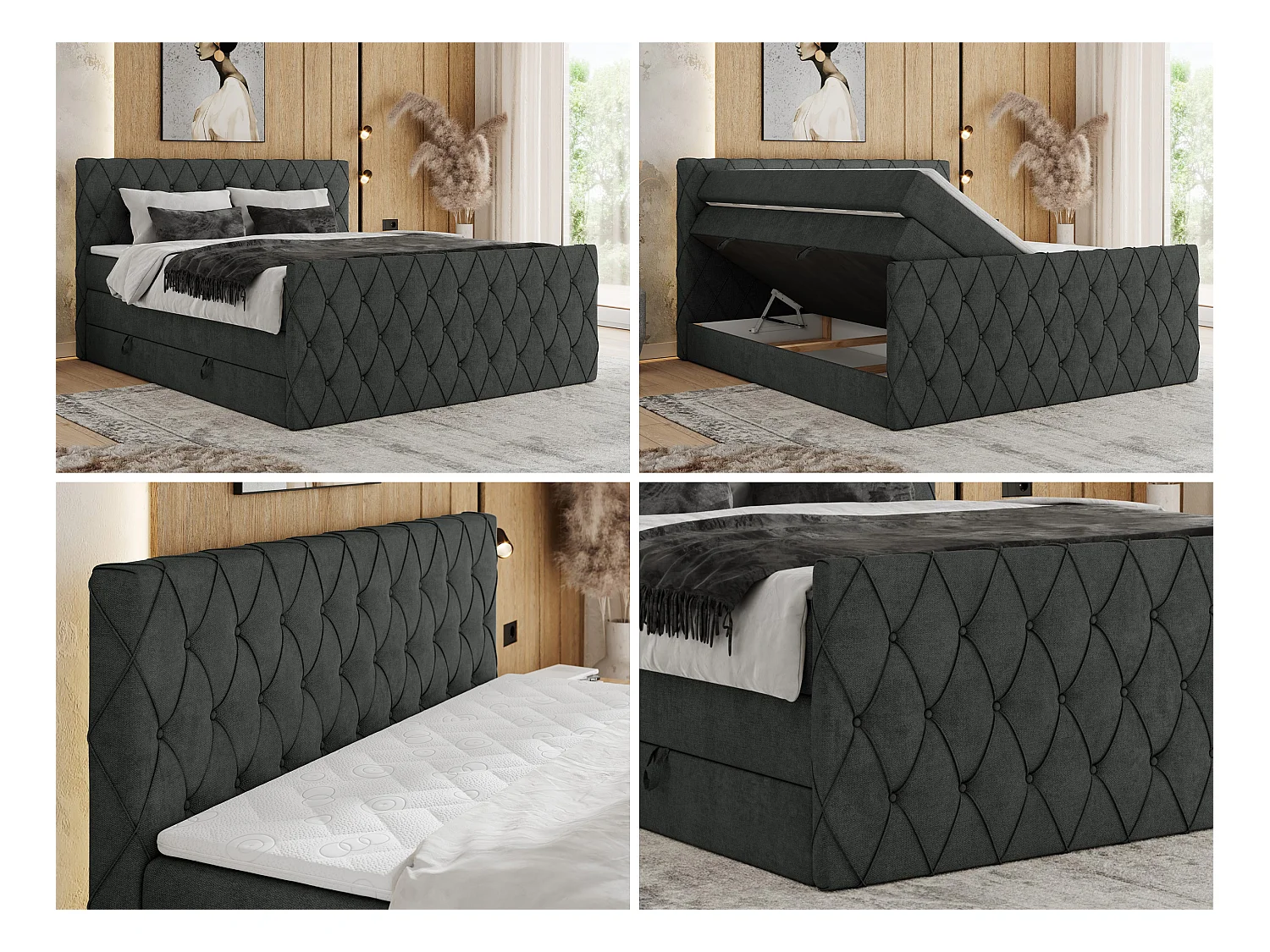Boxspringbett MIREN KING DUO - für Schlafzimmer mit zwei Multipocket-Matratzen und Topper, gestepptes Kopfteil und Front  - 140x200 cm - H3 - Dunkelgrau Strukture