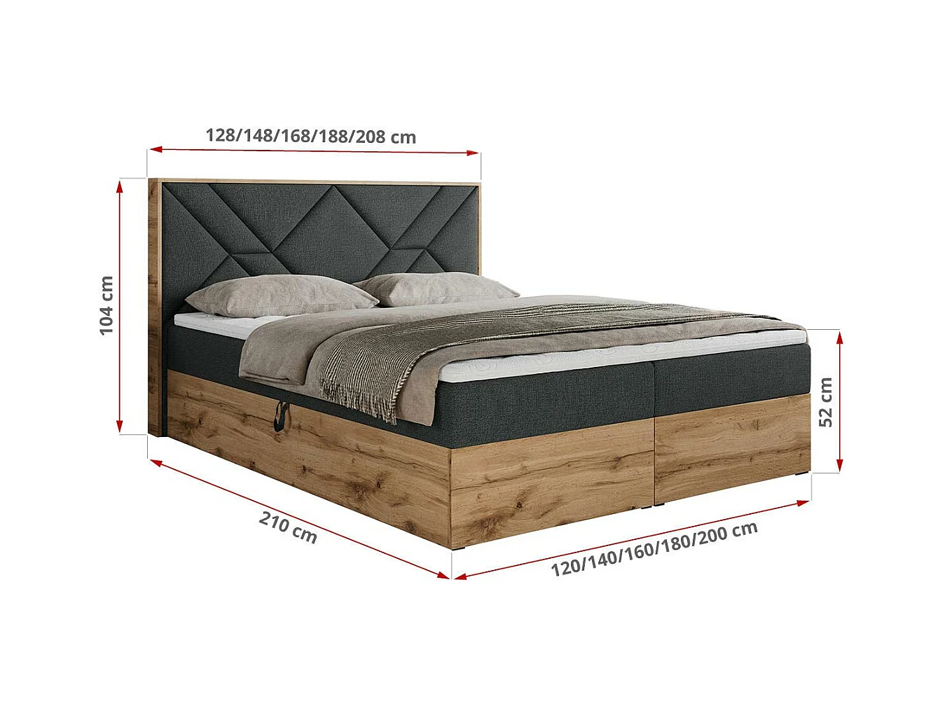 Boxspringbett GUNAR - gepolster kopfteil, Doppelbett mit Multipocket-Matratze, zwei Bettkästen - 120x200 cm - H4 - Dunkelgrau Strukture