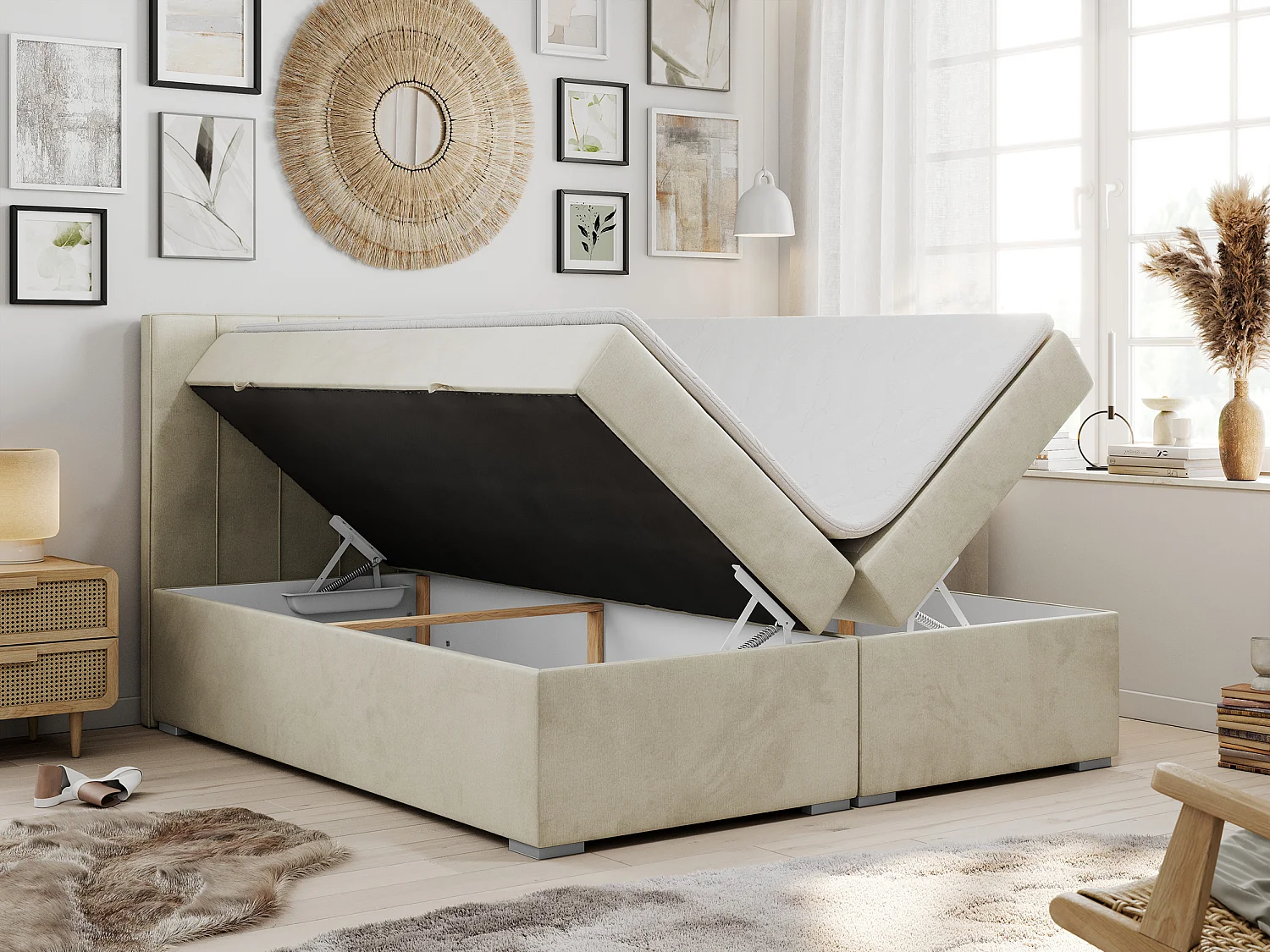 Boxspringbett ALLY - gestreiftes, genähtes Kopfteil, zwei Bettkästen, Multipocket-Matratzen, Praktisch Polsterbett - 160x200 cm - H3 - Beige Velvet