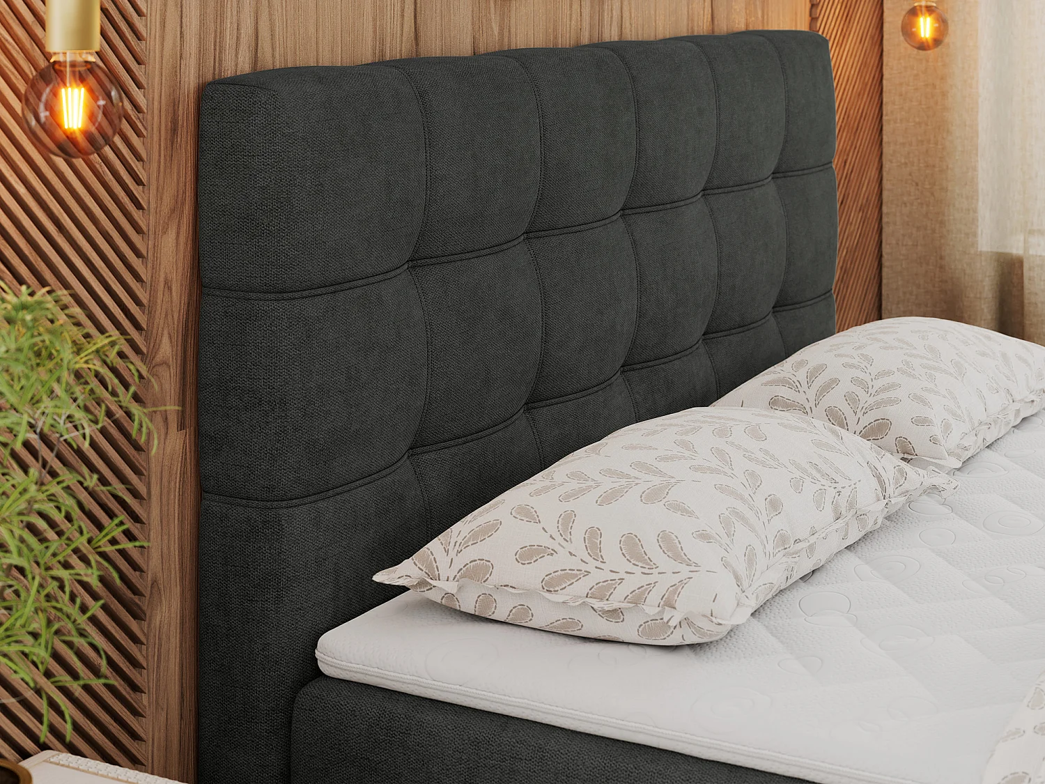 Boxspringbett ERNI - mit gestepptem Kopfteil, Polsterbett, Multipocket-Matratze und Topper, Bettkästen - 200x200 cm - H4 - Dunkelgrau Stukture