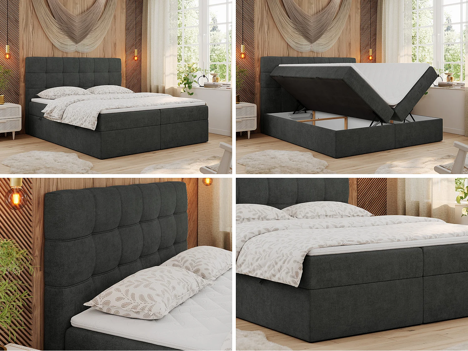 Boxspringbed met hoofdbord H4 + Topper T25 - Donkergrijs Structuurstof - 200x200 - ERNI