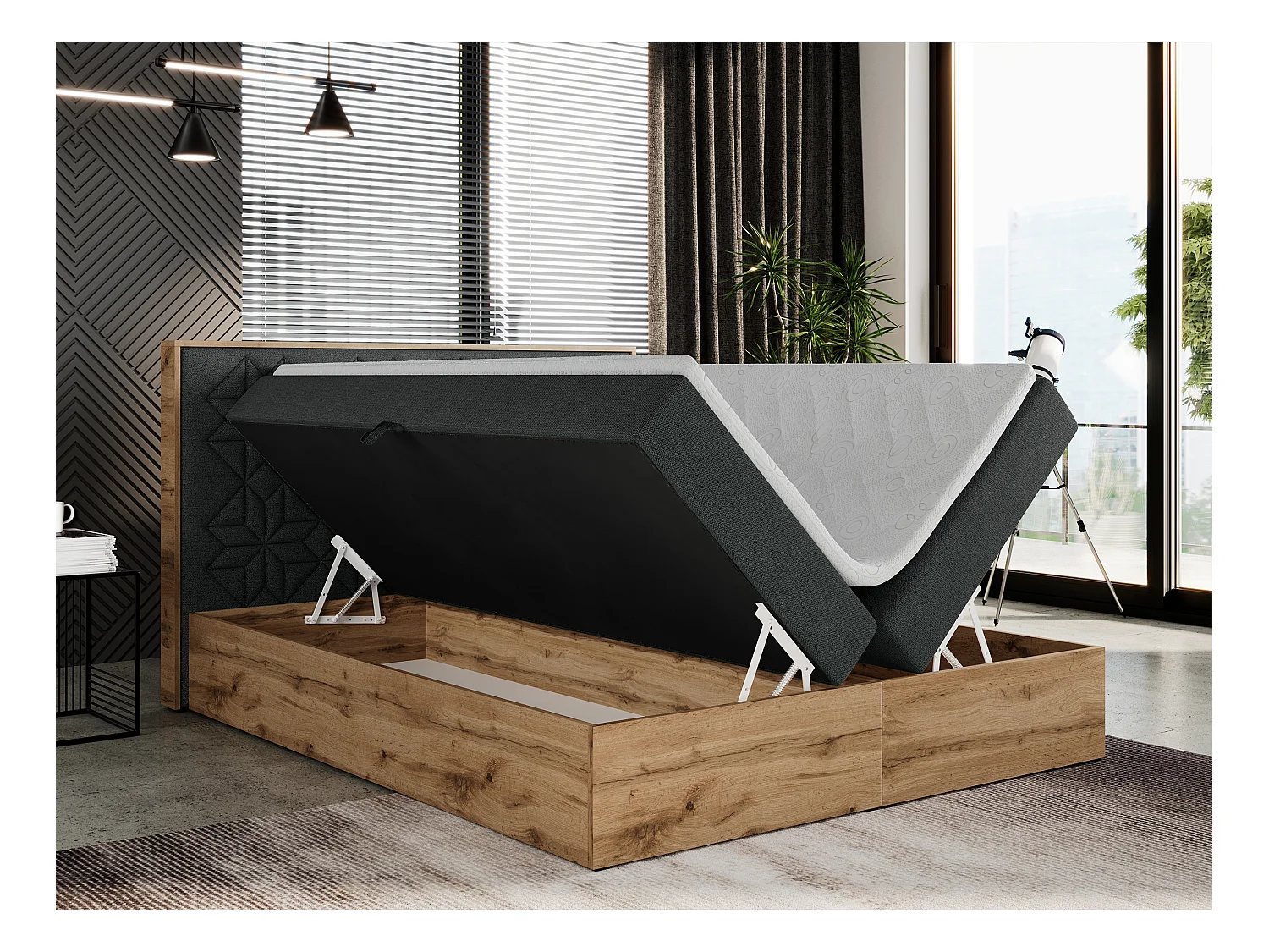 Boxspringbett NESSI - mit hoher Kopfstütze, Multipocket-Matratze und Topper, Doppelbett mit Bettkästen - 200x200 cm - H4 - Dunkelgrau Strukture