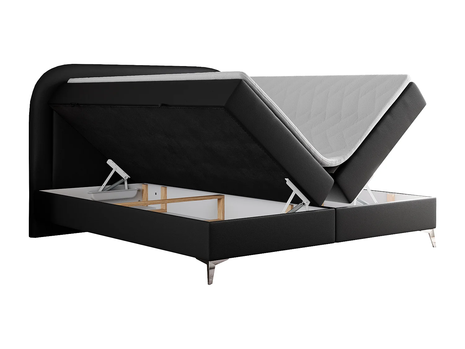 Boxspringbett EIRA - Polsterbett mit Stauraum, Set mit Kopfteil und Multipocket-Matratze, Metallbeine - 160x200 cm - H3 - Schwarz Kunstleder
