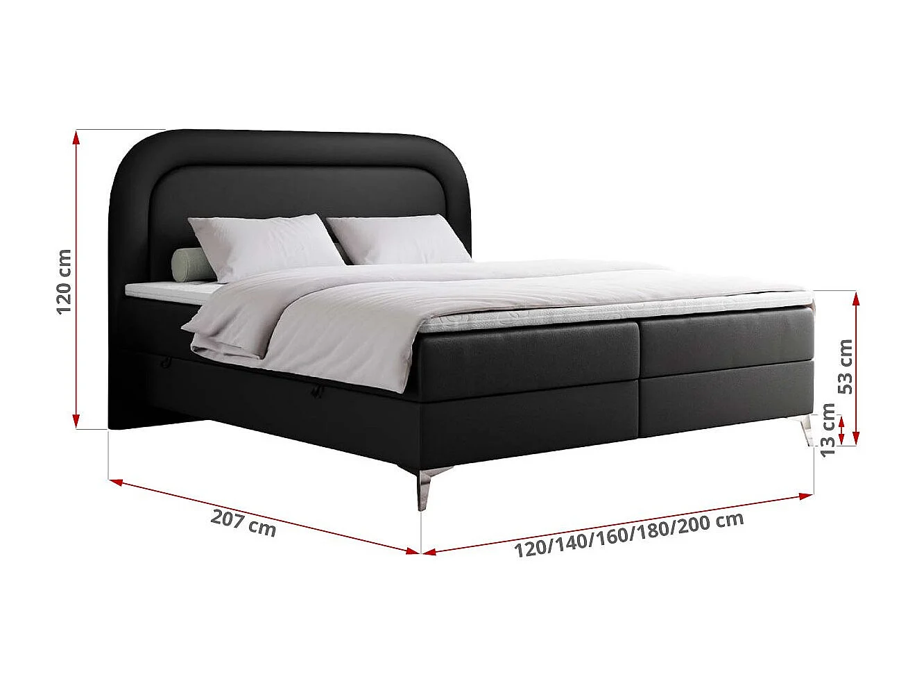 Boxspringbett EIRA - Polsterbett mit Stauraum, Set mit Kopfteil und Multipocket-Matratze, Metallbeine - 160x200 cm - H3 - Schwarz Kunstleder