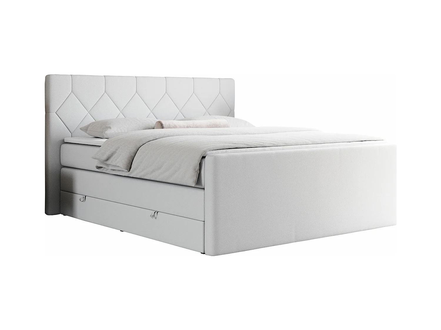 Boxspringbett EIGAR KING - Doppelbett mit genähtem Kopfteil, zwei Multipocket-Matratzen, Polsterbett für Schlafzimmer - 200x200 cm - H3 - Weiß Kunstleder