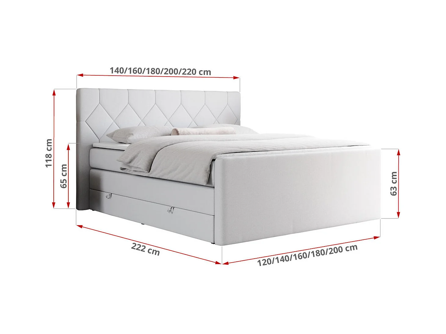 Boxspringbett EIGAR KING - Doppelbett mit genähtem Kopfteil, zwei Multipocket-Matratzen, Polsterbett für Schlafzimmer - 200x200 cm - H3 - Weiß Kunstleder