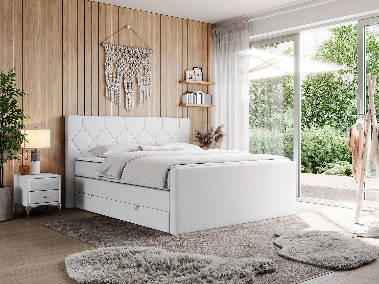 Boxspringbett EIGAR KING - Doppelbett mit genähtem Kopfteil, zwei Multipocket-Matratzen, Polsterbett für Schlafzimmer - 200x200 cm - H3 - Weiß Kunstleder