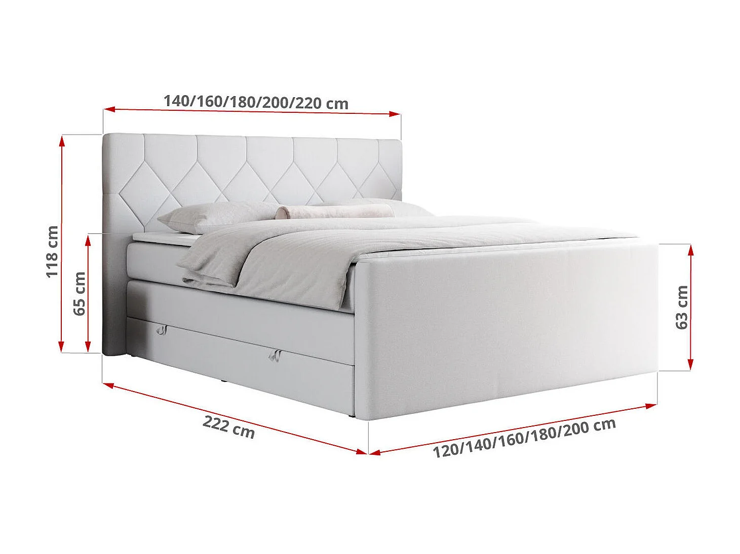 Boxspringbett EIGAR KING - Doppelbett mit genähtem Kopfteil, zwei Multipocket-Matratzen, Polsterbett für Schlafzimmer - 200x200 cm - H3 - Weiß Kunstleder