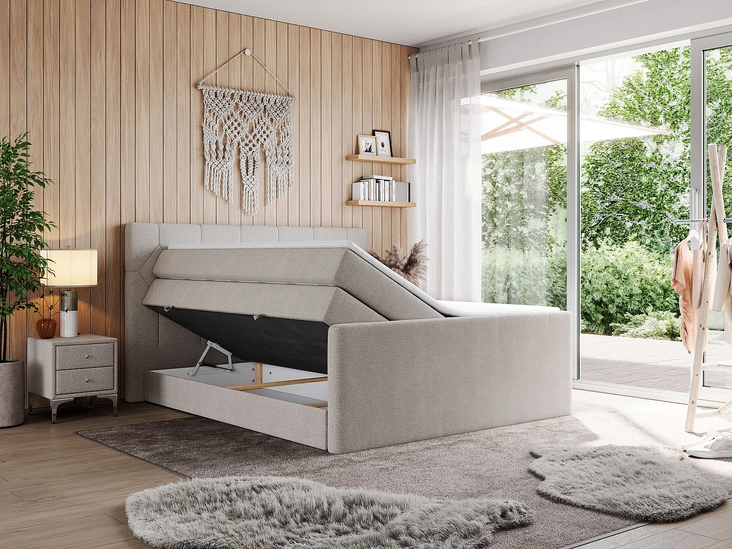 Boxspringbett EIGAR KING - Doppelbett mit genähtem Kopfteil, zwei Multipocket-Matratzen, Polsterbett für Schlafzimmer - 180x200 cm - H3 - Beige Strukture