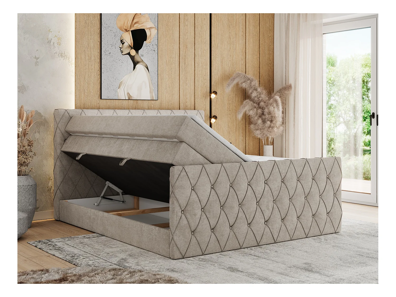 Boxspringbett MIREN KING DUO - für Schlafzimmer mit zwei Multipocket-Matratzen und Topper, gestepptes Kopfteil und Front  - 200x200 cm - H3 - Beige Strukture