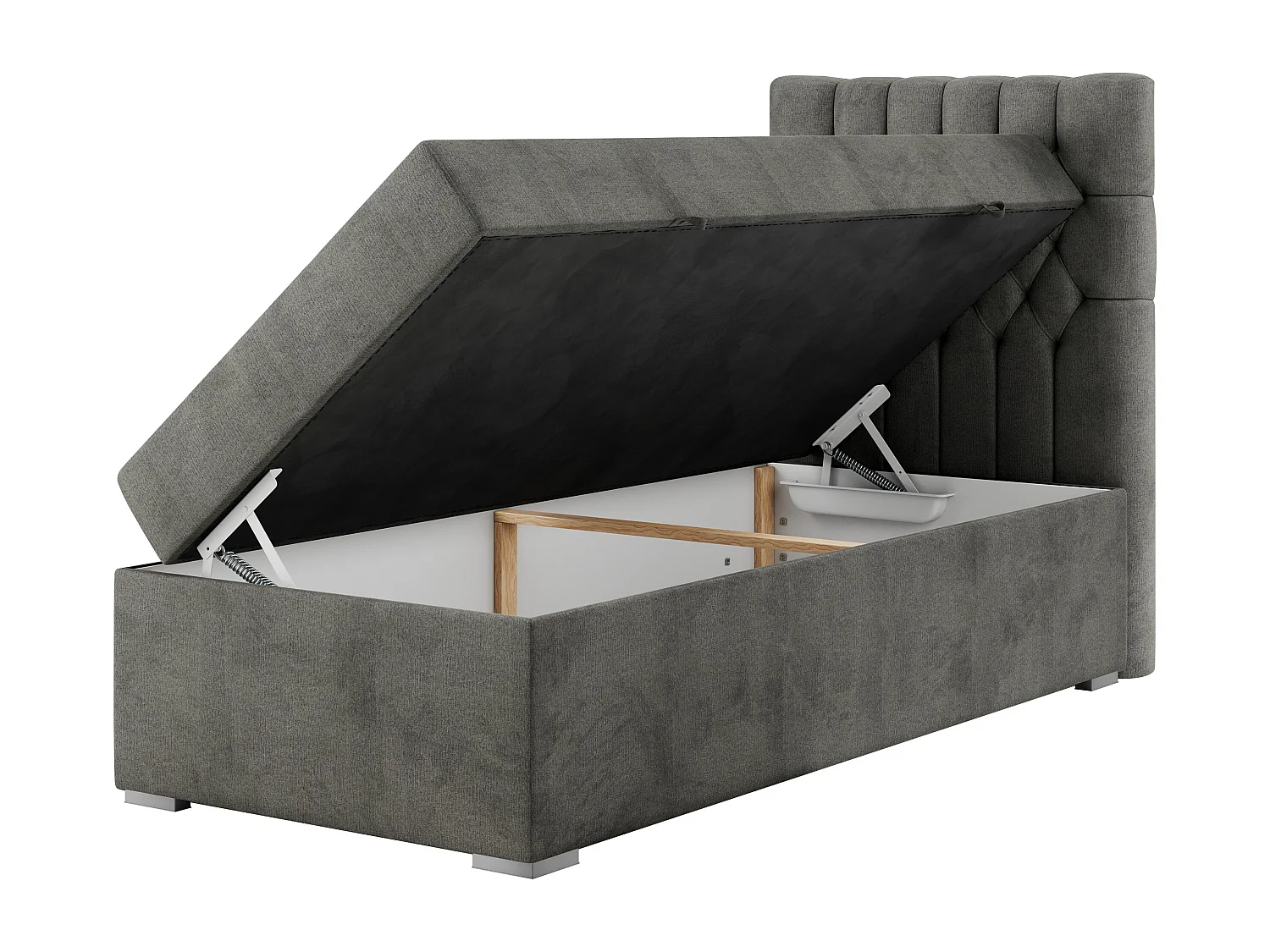 Boxspringbett PERA - Einzelbett mit Kopfstütze, Polsterbett, Multipocket-Matratze, genähtes Kopfteil - 90x200 cm - H4 - Dunkelgrau Velvet - Rechts Seite