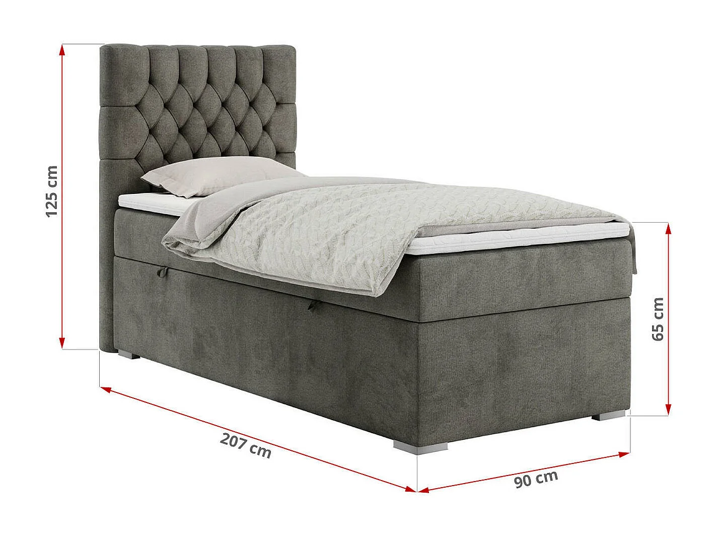 Boxspringbett PERA - Einzelbett mit Kopfstütze, Polsterbett, Multipocket-Matratze, genähtes Kopfteil - 90x200 cm - H4 - Dunkelgrau Velvet - Rechts Seite