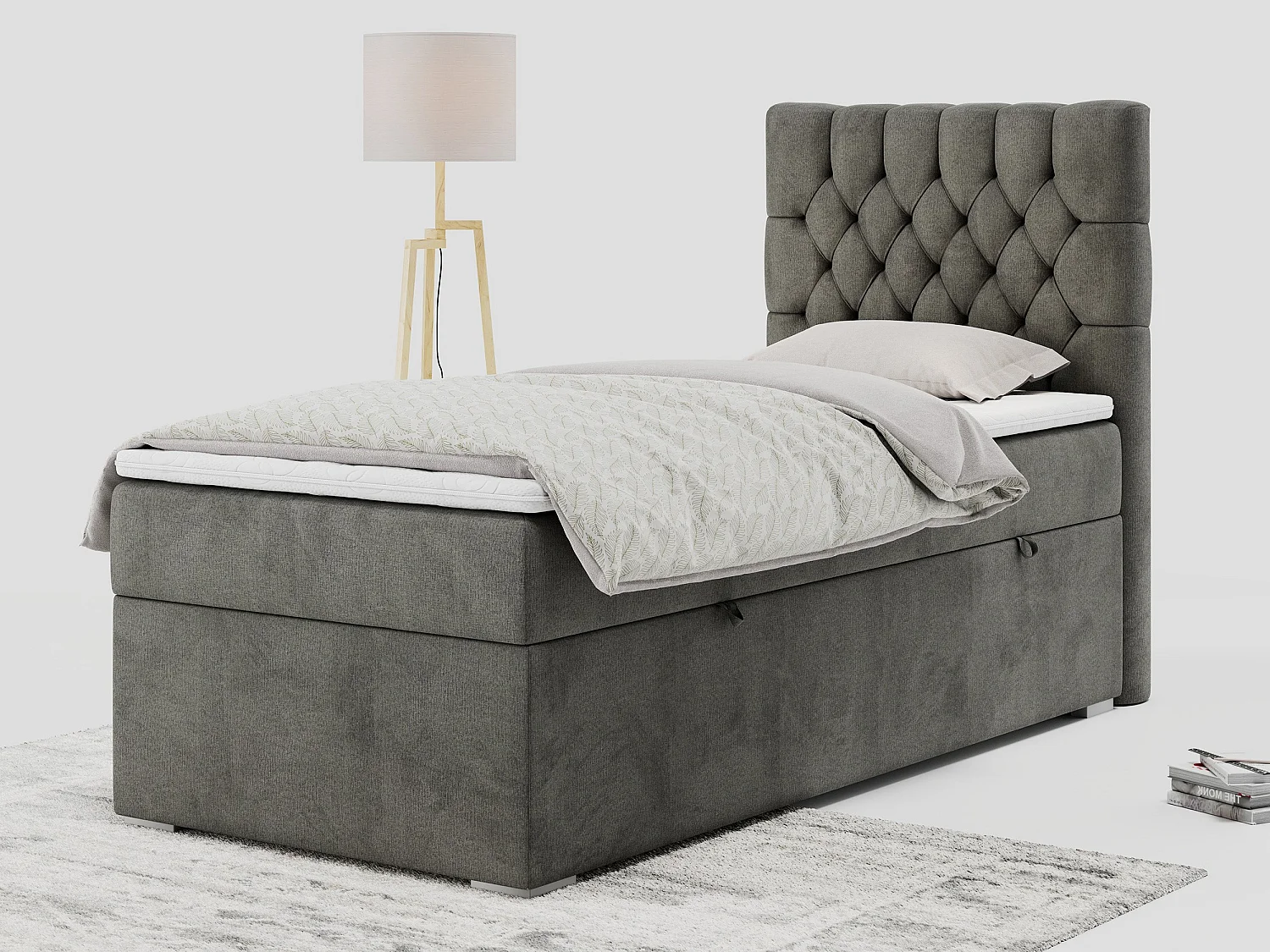 Boxspringbett PERA - Einzelbett mit Kopfstütze, Polsterbett, Multipocket-Matratze, genähtes Kopfteil - 90x200 cm - H4 - Dunkelgrau Velvet - Rechts Seite