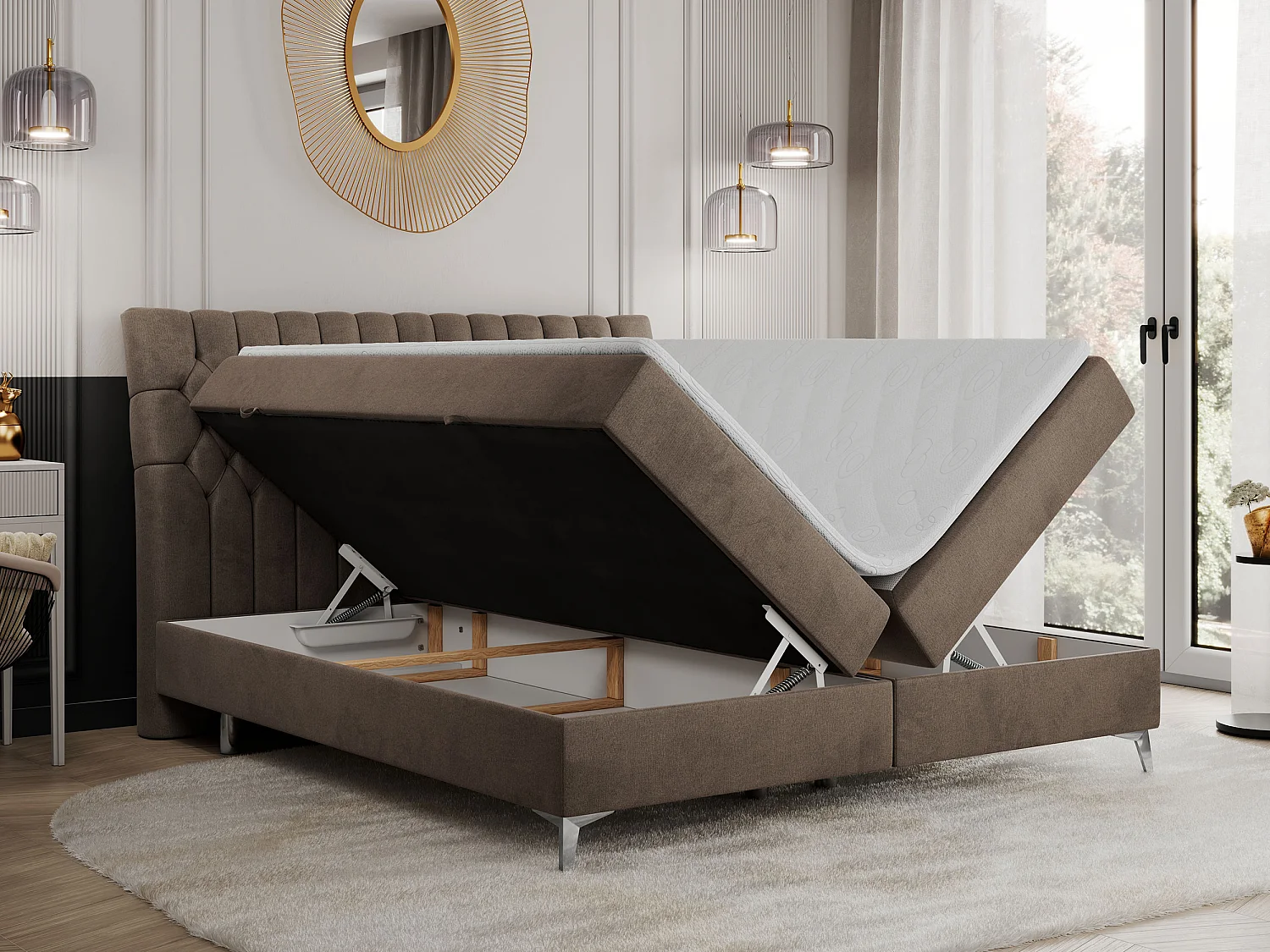 Boxspringbett MILEN - gepolstertes Schlafzimmerbett, zwei Multipocket-Matratze, dekorative hohe Beine - 200x200 cm - H4 - Braun Velvet